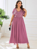 Plus Size A-Line V-Neck Short Sleeve Pleated Sequin Mother of the Bride Dress