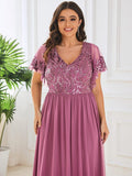 Plus Size A-Line V-Neck Short Sleeve Pleated Sequin Mother of the Bride Dress