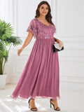 Plus Size A-Line V-Neck Short Sleeve Pleated Sequin Mother of the Bride Dress