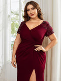 Plus Size A-Line V-Neck Short Sleeve Mother of the Bride Dress with Slit