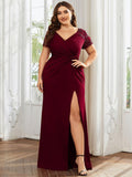 Plus Size A-Line V-Neck Short Sleeve Mother of the Bride Dress with Slit