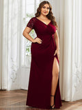 Plus Size A-Line V-Neck Short Sleeve Mother of the Bride Dress with Slit