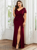 Plus Size A-Line V-Neck Short Sleeve Mother of the Bride Dress with Slit