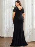 V-Neck Sequin Pleats Short Sleeve Mother of the Bride Dresses with Slit