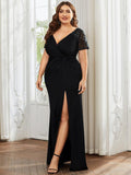Plus Size A-Line V-Neck Short Sleeve Mother of the Bride Dress with Slit