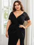 Plus Size A-Line V-Neck Short Sleeve Mother of the Bride Dress with Slit