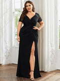 V-Neck Sequin Pleats Short Sleeve Mother of the Bride Dresses with Slit