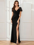 V-Neck Sequin Pleats Short Sleeve Mother of the Bride Dresses with Slit