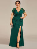 Plus Size A-Line V-Neck Short Sleeve Mother of the Bride Dress with Slit