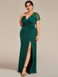 Plus Size A-Line V-Neck Short Sleeve Mother of the Bride Dress with Slit