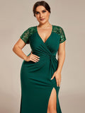 Plus Size A-Line V-Neck Short Sleeve Mother of the Bride Dress with Slit