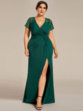 Plus Size A-Line V-Neck Short Sleeve Mother of the Bride Dress with Slit