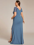 Plus Size A-Line V-Neck Short Sleeve Mother of the Bride Dress with Slit