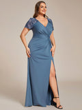 Plus Size A-Line V-Neck Short Sleeve Mother of the Bride Dress with Slit