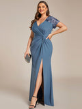 Plus Size A-Line V-Neck Short Sleeve Mother of the Bride Dress with Slit