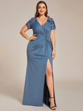 Plus Size A-Line V-Neck Short Sleeve Mother of the Bride Dress with Slit