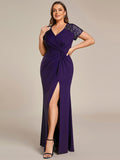 Plus Size A-Line V-Neck Short Sleeve Mother of the Bride Dress with Slit