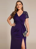 Plus Size A-Line V-Neck Short Sleeve Mother of the Bride Dress with Slit