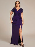 Plus Size A-Line V-Neck Short Sleeve Mother of the Bride Dress with Slit