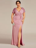 Plus Size A-Line V-Neck Short Sleeve Mother of the Bride Dress with Slit