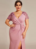 Plus Size A-Line V-Neck Short Sleeve Mother of the Bride Dress with Slit