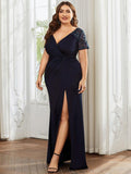 Plus Size A-Line V-Neck Short Sleeve Mother of the Bride Dress with Slit