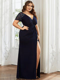 Plus Size A-Line V-Neck Short Sleeve Mother of the Bride Dress with Slit