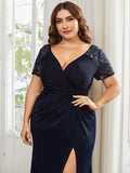 Plus Size A-Line V-Neck Short Sleeve Mother of the Bride Dress with Slit