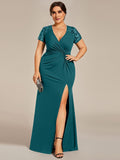 V-Neck Sequin Pleats Short Sleeve Mother of the Bride Dresses with Slit