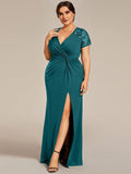 V-Neck Sequin Pleats Short Sleeve Mother of the Bride Dresses with Slit