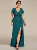 V-Neck Sequin Pleats Short Sleeve Mother of the Bride Dresses with Slit