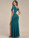 V-Neck Sequin Pleats Short Sleeve Mother of the Bride Dresses with Slit
