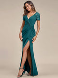 V-Neck Sequin Pleats Short Sleeve Mother of the Bride Dresses with Slit