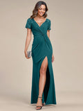 V-Neck Sequin Pleats Short Sleeve Mother of the Bride Dresses with Slit