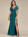 V-Neck Sequin Pleats Short Sleeve Mother of the Bride Dresses with Slit