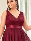 Plus Size A-Line Ruffles V-Neck Prom Lace Dress for Women