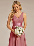 Stunning A-Line V-Neck Ruffles Sleeveless Prom Lace Dress for Women