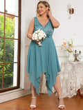 Plus Size A-Line Ruffles V-Neck Prom Lace Dress for Women