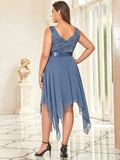 Plus Size A-Line Ruffles V-Neck Prom Lace Dress for Women