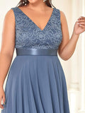 Plus Size A-Line Ruffles V-Neck Prom Lace Dress for Women