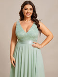 Plus Size A-Line Ruffles V-Neck Prom Lace Dress for Women