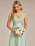Stunning A-Line V-Neck Ruffles Sleeveless Prom Lace Dress for Women