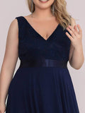 Plus Size A-Line Ruffles V-Neck Prom Lace Dress for Women