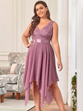 Plus Size A-Line Ruffles V-Neck Prom Lace Dress for Women