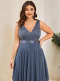 Plus Size A-Line Ruffles V-Neck Prom Lace Dress for Women