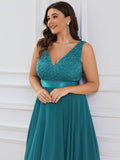 Plus Size A-Line Ruffles V-Neck Prom Lace Dress for Women