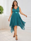 Plus Size A-Line Ruffles V-Neck Prom Lace Dress for Women