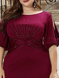 A-Line Beads Half Sleeves Plus Size Long Wedding Guest Dress