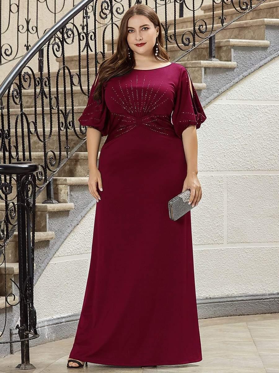 A-Line Beads Half Sleeves Plus Size Long Wedding Guest Dress