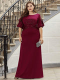 A-Line Beads Half Sleeves Plus Size Long Wedding Guest Dress